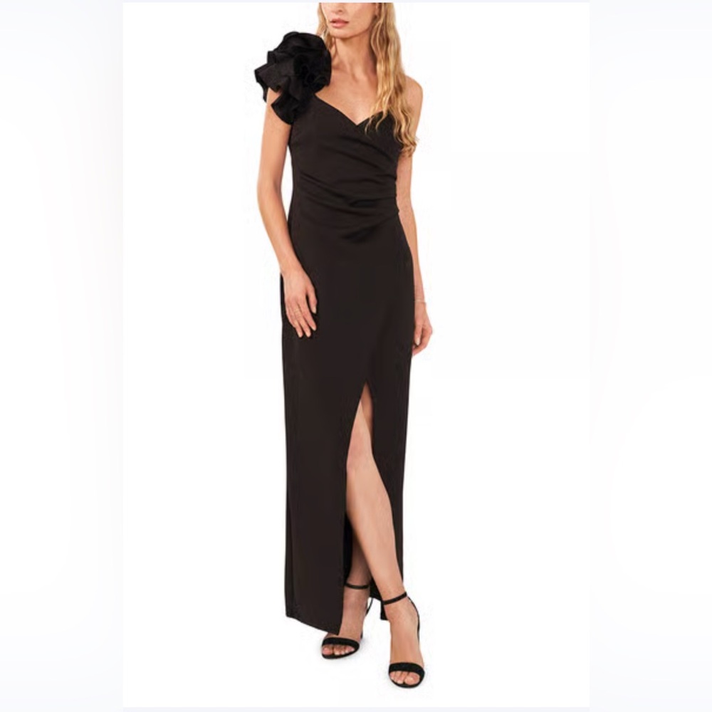 Womens MSK Sleeveless Ruffle Flower Trim V-Neck Evening Gown